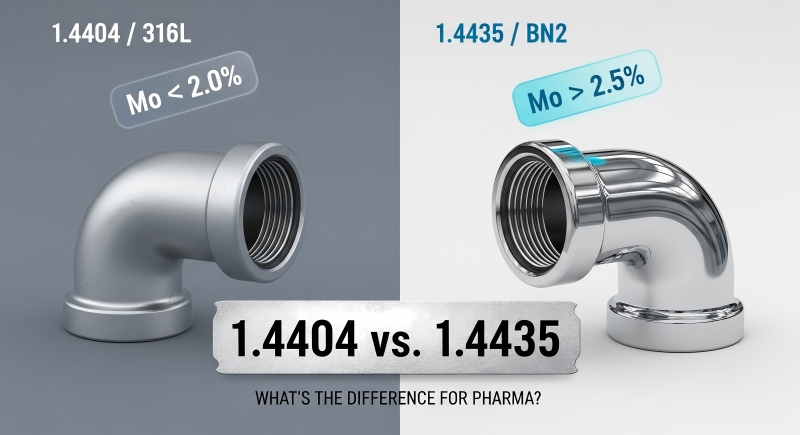 Close-up texture of electropolished 1.4435 stainless steel compared to standard 1.4404, highlighting high purity for pharmaceutical sanitary valves.